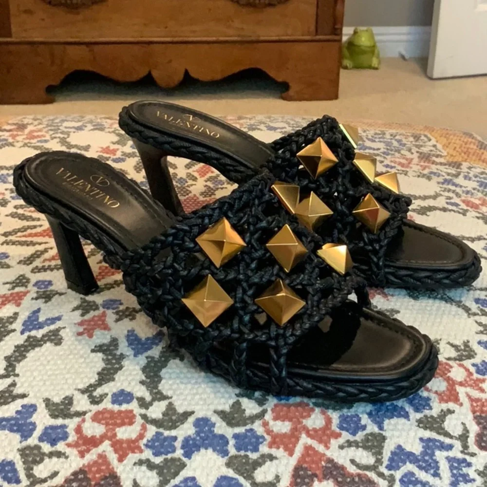 Valentino Black and Gold Roman Stud woven sandal